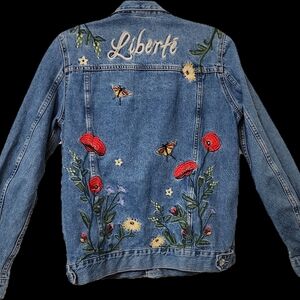 H&M Blue Denim Jacket with Floral Embroidery